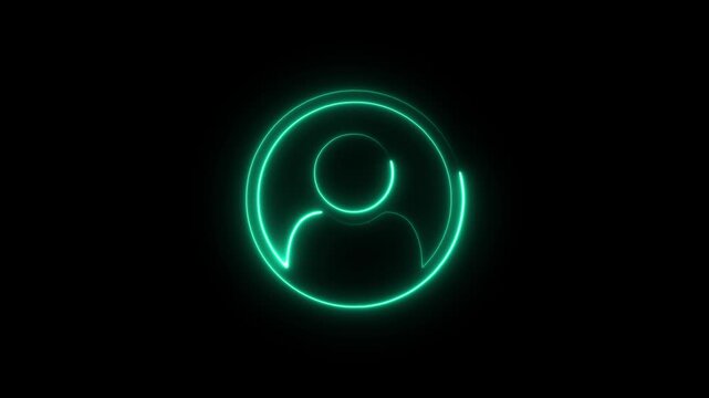 Glowing neon person sign, outline round avatar pictogram. Identity verification symbol and man icon