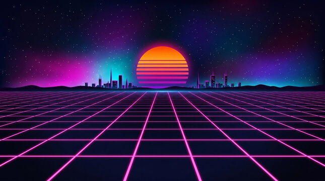 Retro Synthwave City Skyline with Neon Grid Sunset Stars and Purple Pink Gradient Night Background