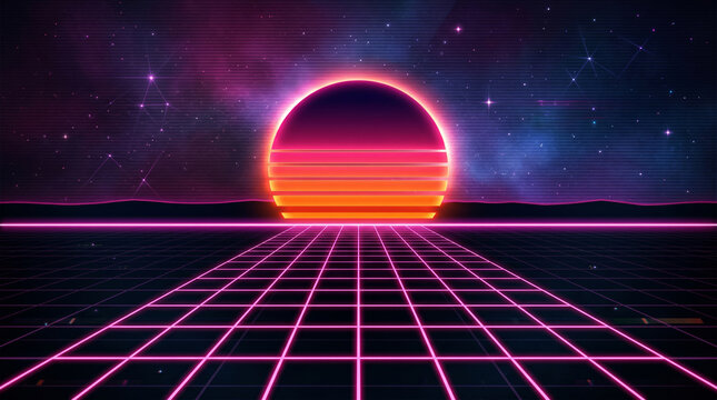 Retro Synthwave Neon Grid with Glowing Sunset and Star Sky Dark Background Wallpaper