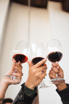 Friends clinking wine glasses