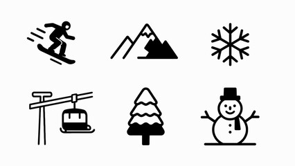 Fototapeta premium Winter Sports Icons: Snowboarding, Mountains, Snowflake, Ski Lift, Tree, Snowman