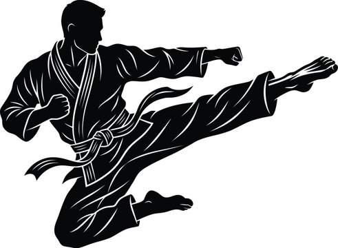 Solid black karate master silhouette performing flying sidekick isolated on white minimalist vector illustration artwork