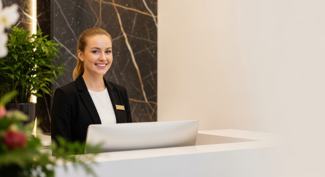 Smiling young professional female hotel receptionist at luxury front desk with laptop in elegant marble lobby