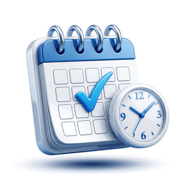 Spiral Calendar with Clock and Blue Checkmark Icon for Appointment Planning and Deadline Concept