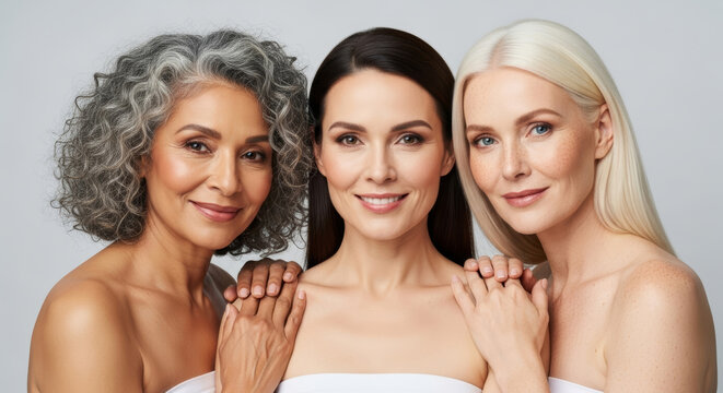 Three beautiful women of different ages smiling together for anti-aging skincare beauty portrait on gray background