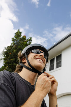 Fastening helmet before electric bike ride