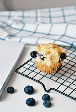 Closeup of homemade blueberry muffins on a table at home