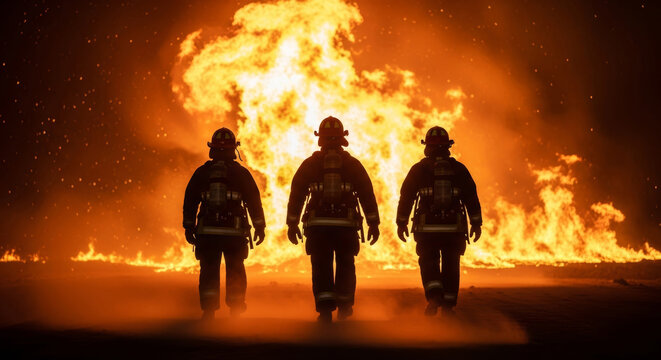 Three brave firefighters silhouette walking toward massive explosion fire blaze in dramatic dark orange night scene