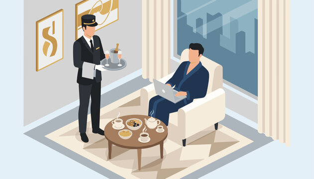 Luxury hotel room service with a professional butler serving champagne to a businessman wearing a bathrobe and working on a laptop.