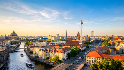 Obraz premium Berlin skyline panorama TV tower Spree river sunset, Germany Berlin skyline panorama with TV tower Spree river sunset Ge