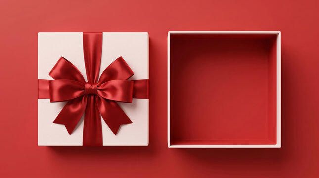 White Gift Box with Red Satin Bow and Open Empty Box Top View on Red Background Copyspace