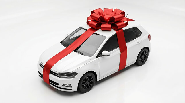 White Hatchback Car with Red Satin Gift Bow and Ribbon on White Background for Christmas Sale