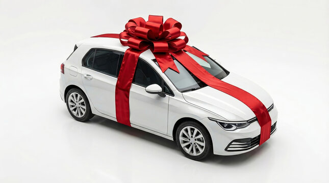 White hatchback car wrapped with red ribbon and bow as luxury gift surprise on white background