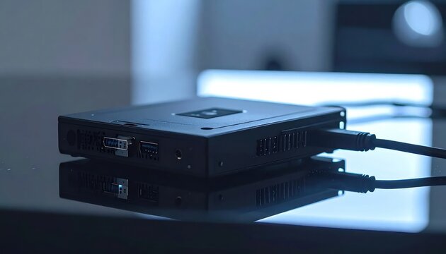 Compact mini PC computer on glass desk surface.