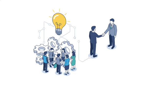 Business leaders shaking hands next to a team collaborating with gears under a giant lightbulb for innovation concepts.