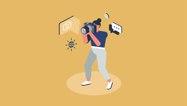 Creative young female photographer holding a camera to her eye surrounded by photography and communication icons.
