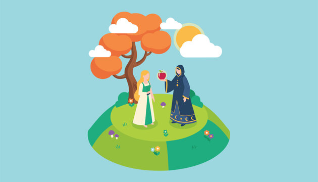Fairytale fantasy scene where a dark wizard in a starry robe offers a red apple to a girl next to an autumn tree.