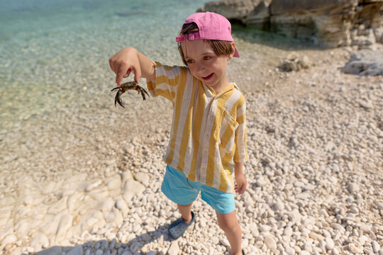 Happy child holding crab on beach