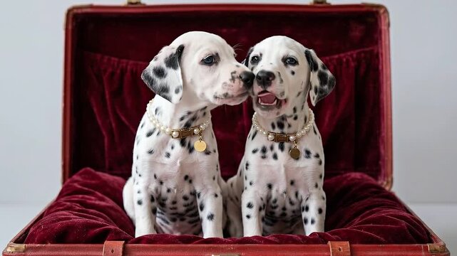 Static close up of two dalmatian puppies sitting and interacting in vintage red velvet suitcase on white studio backdrop with playful calm indoor daytime mood