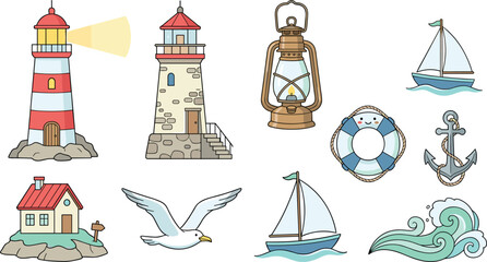 Nautical Maritime Vector Icon Set with Cute Lighthouse Sailboat Anchor Lifebuoy Lantern and Ocean Waves for Summer Beach Graphic Designs © SARIFA