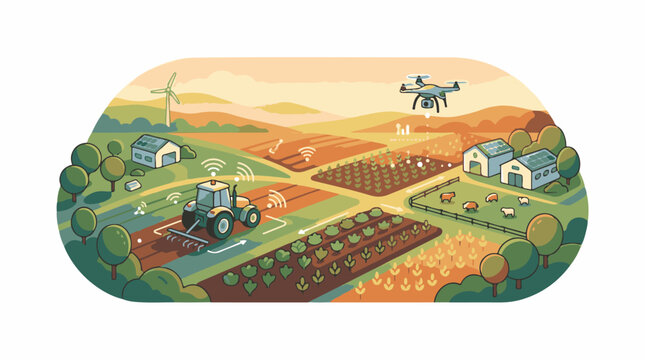 A digitally advanced farm with a tractor drone and solar-powered buildings