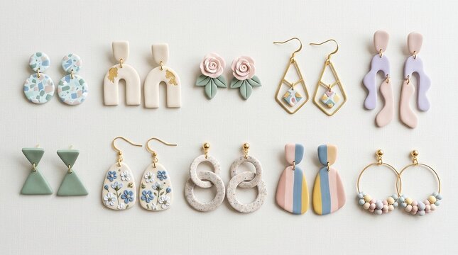 Earrings collection on surface with diverse designs and colors