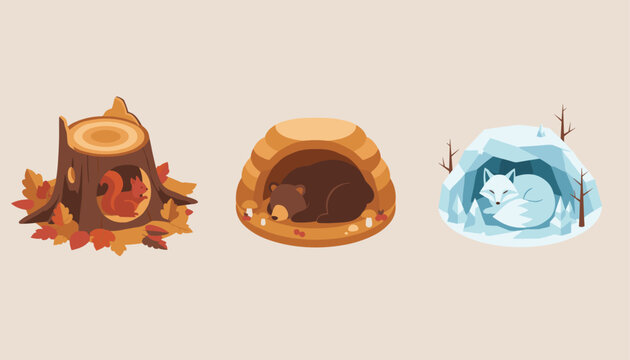 Animal hibernation concept featuring a squirrel in a tree stump, a sleeping bear in a cave, and an arctic fox in a snowy den.
