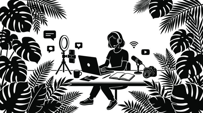 Content creator working on laptop with tropical background