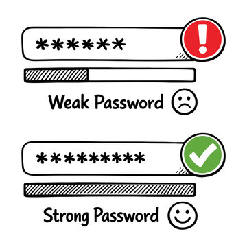 Password strength meter showing a weak password with a warning and a strong password with a checkmark for data security