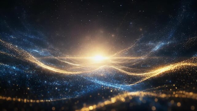 Abstract digital wave of glowing particles and light against a dark background