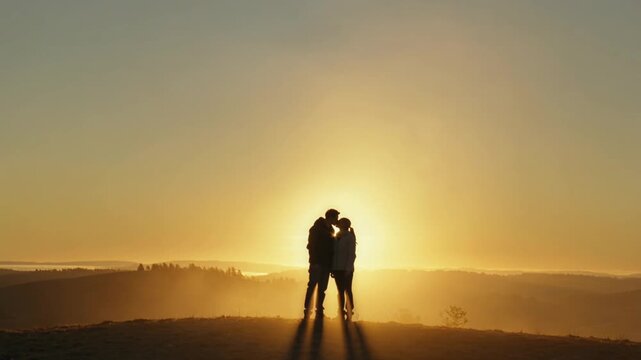 Silhouetted Romantic Couple Kissing on Hilltop Illustrating Love, Connection, and Hope During Golden Hour Sunset.