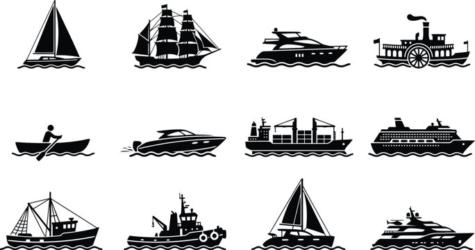 Ship icons set showing various types of marine vessels and boats in simple black graphic style