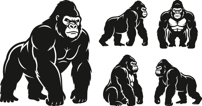 Gorilla mascot set featuring strong aggressive silverback primates in various poses on a white background
