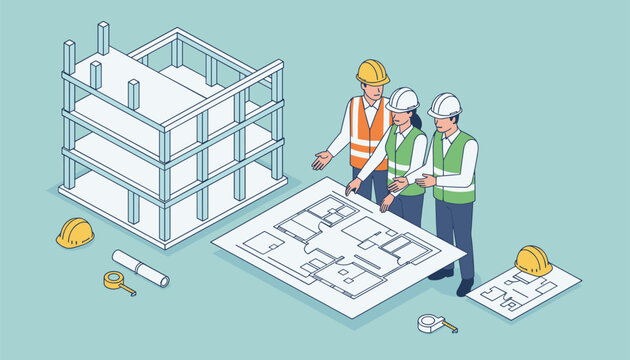 Group of professional architects and civil engineers discussing building blueprints next to a concrete structure framework.