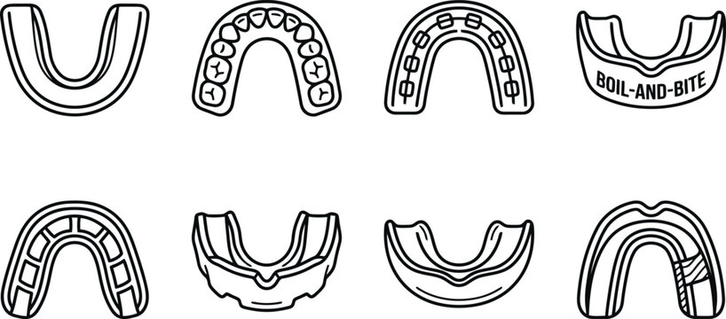 Mouth guard icons set showing various dental protection devices for sports and teeth grinding treatment options