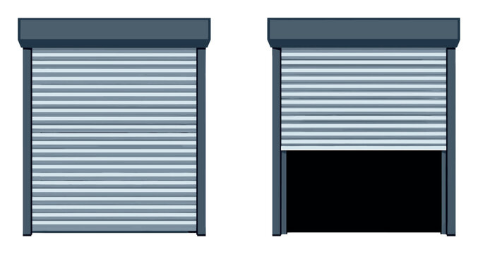 Roller shutter door protecting an entrance. Secure metal gate in closed and open positions, providing access to a warehouse or garage