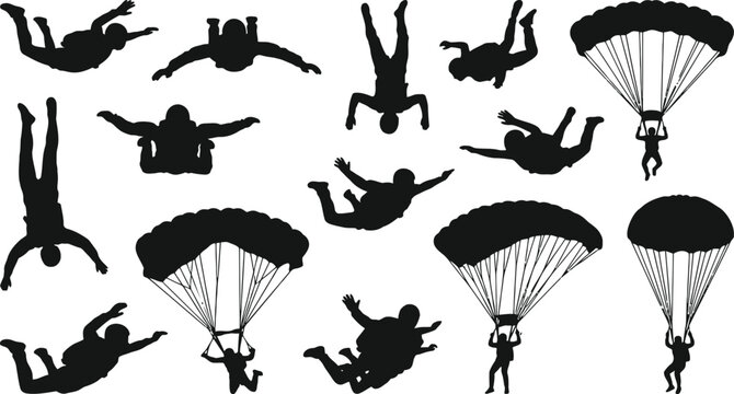 Skydiver silhouettes collection featuring various parachuting poses and extreme sports activity in black and white vector