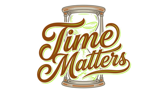 Time Matters vintage typography design with decorative hourglass illustration.