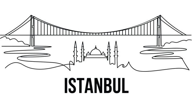 continuous one line istanbul skyline vector illustration featuring bosphorus bridge historic landmarks and cityscape minimalist travel sketch linear outline drawing isolated