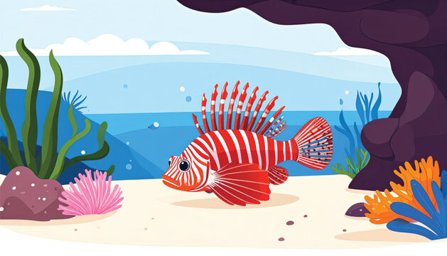 Lionfish swimming on sandy ocean floor.