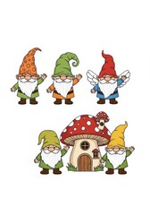 Naklejka premium Set of Cute Cartoon Gnomes and Mushroom House Vector Illustration for Children's Design and Fairy Tale Themes