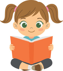 Cute cartoon little girl with pigtails sitting cross legged and reading an orange book flat vector illustration