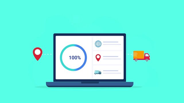 Animated flat vector illustration of a laptop displaying a location tracking dashboard with map pin, delivery truck, and progress indicator. Modern logistics, shipment tracking, and business technolog