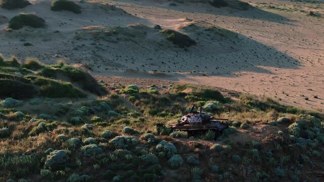 Images of an abandoned war tank and the beach where it was found on the Greek island of Limnos in the Aegean Sea.