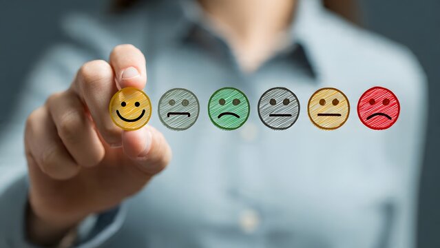 Person holding physical smiley face icon sticker representing satisfaction levels choice among multiple colorful emotional faces for customer feedback surveys and quality assessment process.