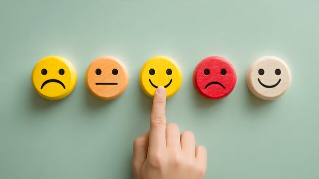 Finger selecting positive smiling face icon on light green surface representing high customer satisfaction and quality service experience for business growth and consumer feedback analysis now.