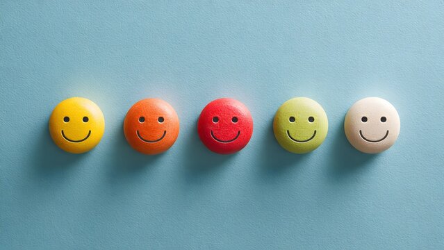 Row of colorful wooden circular icons with smiling faces on blue background illustrating consistency in customer happiness and positive brand reputation for modern commercial ventures today.