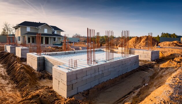 concrete block foundation and wooden supports on bare ground construction site perfect for illustrating home building real estate or infrastructure projects