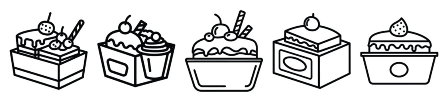 Simple line drawing of bakery dessert sampler box icon set on a white background