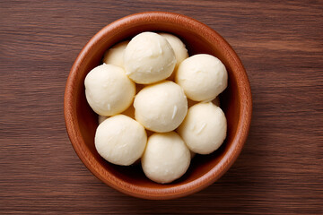 Fototapeta premium Fresh mozzarella balls in a wooden bowl on a dark table top view